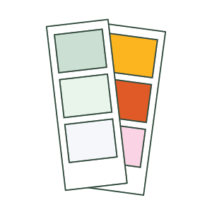 Illustrated color swatches with six different colors, including green, yellow, orange, white, and pink.