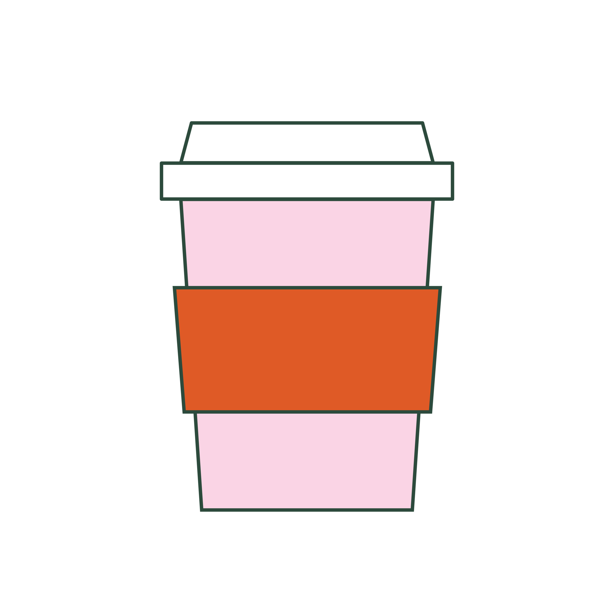Illustration of a pink coffee cup with a white lid and orange sleeve